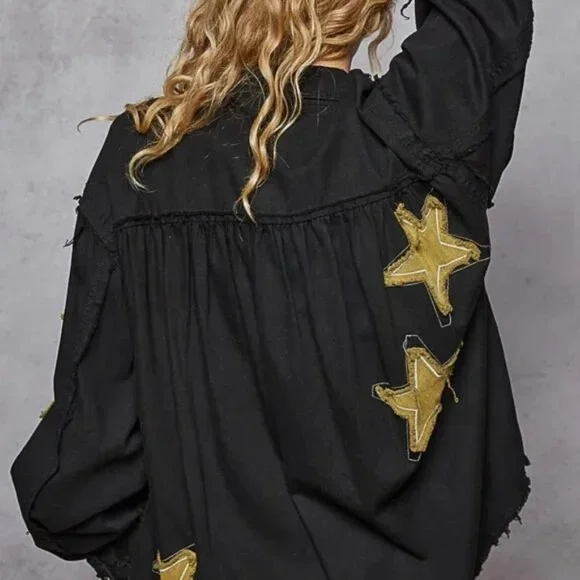 POL Star Patch Raw Hem Button Up Denim Lightweight Shacket Oversized Fit Black - Picture 3 of 7